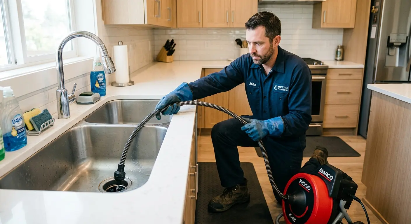 Drain cleaning technician using a motorized snake on a kitchen sink in Cambridge