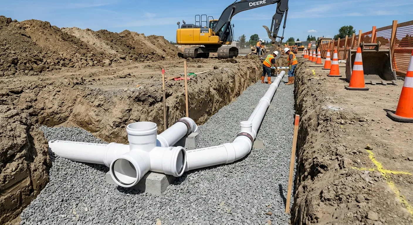 New PVC sewer pipe installation in open trench for Commercial Drain Cleaning in Cambridge